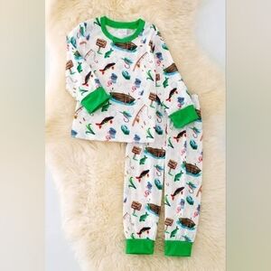 Kids Fishing Print Pajama Set - Green Trim